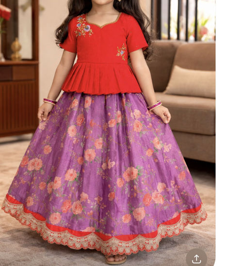 Picture of Beautiful raw silk lavender floral lehenga with orange handwork blouse For 6-7Y