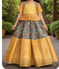 Picture of Yahvi sea green and yellow pure silk kalamkari  lehenga with pure raw silk blouse for 3-5Y