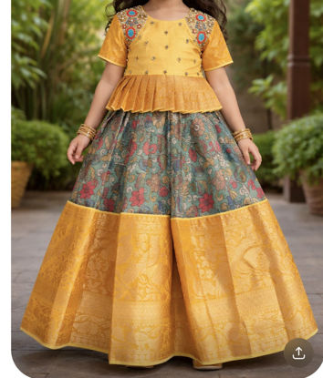 Picture of Yahvi sea green and yellow pure silk kalamkari  lehenga with pure raw silk blouse for 3-5Y