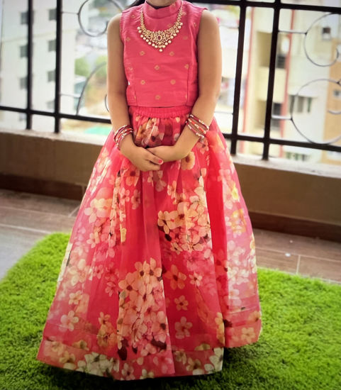 Picture of Floral organza lehenga with silk gold butti blouse For 4-6Y