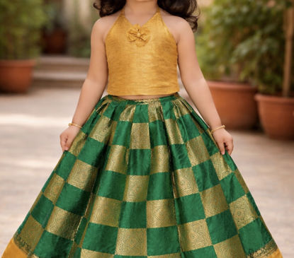 Picture of Green silk checked lehenga with gold tissue halter neck blouse For 4-6Y