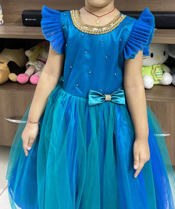 Picture of Peacocok blue party wear net dress For 4-6Y 2-4Y