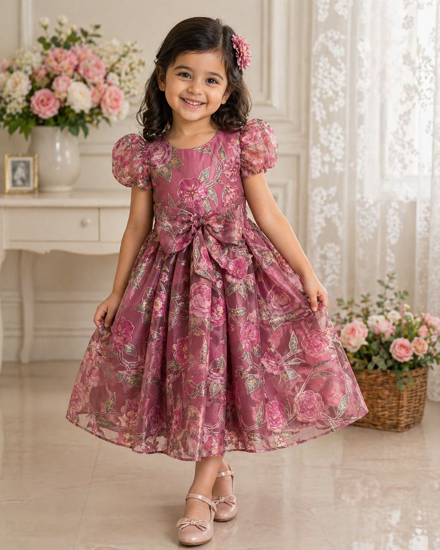 Picture of Onion pink organza floral dress For 4Y