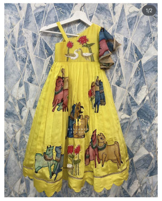 Picture of Pure Chanderi frock with pure pen Kalamkari appliqué work all over For 4-6Y