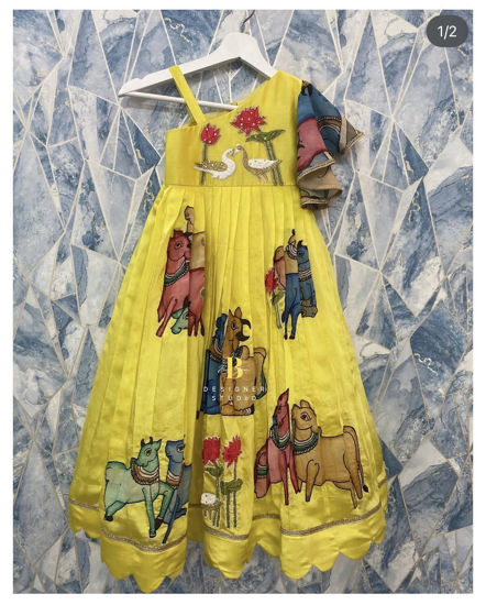 Picture of Pure Chanderi frock with pure pen Kalamkari appliqué work all over