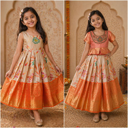 Picture of 2 in 1 Paint brush style Floral Pattu lehenga with appliqué work blouse For 6-8Y