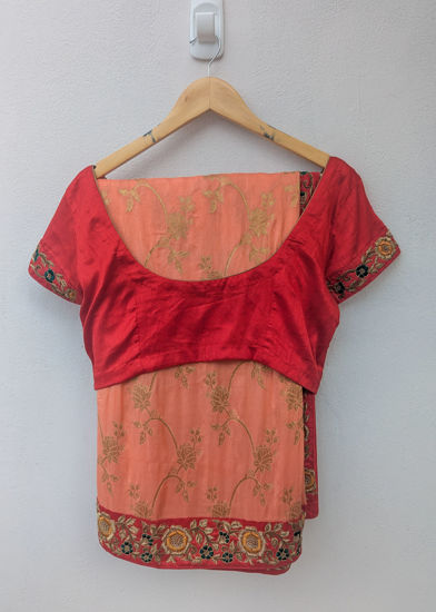 Picture of Designer Peach & Red Zardosi Work Silk Saree Set