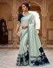 Picture of Mint Satin Silk Saree with Navy Velvet Rose Appliqué & Pearl Border Saree