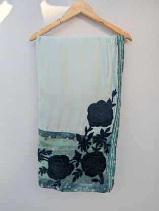 Picture of Mint Satin Silk Saree with Navy Velvet Rose Appliqué & Pearl Border Saree