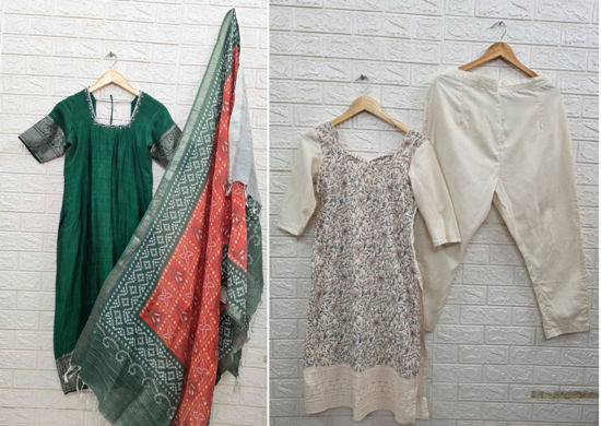 Picture of Combo of Mangalgiri Kurta with Bandhani dupatta &  cotton embroidered kurta set