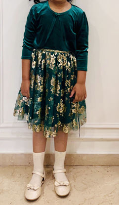 Picture of Lilt Girls 2 Piece Green & Gold Roses Velvet Frock Size 6