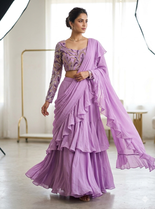Picture of Designer full flared ruffle lehenga saree