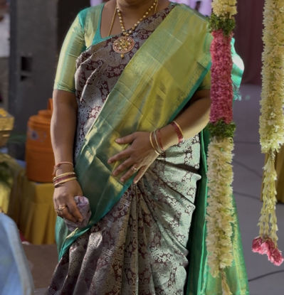 Picture of Brown with sea green combination kanchipattu saree
