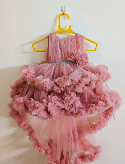 Picture of Branded premium one year party peach color frock with detachable veil perfect for birthdays