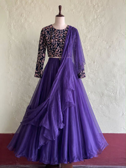 Picture of Purple Ruffle Lehenga with Green Heavy embroidered full sleeve Blouse