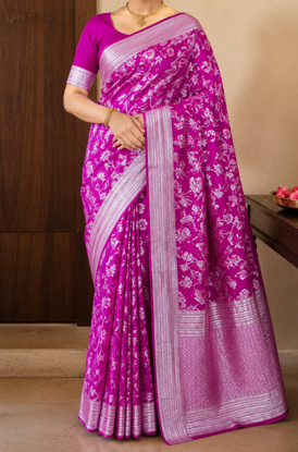 Picture of Magenta pink floral and silver zari saree