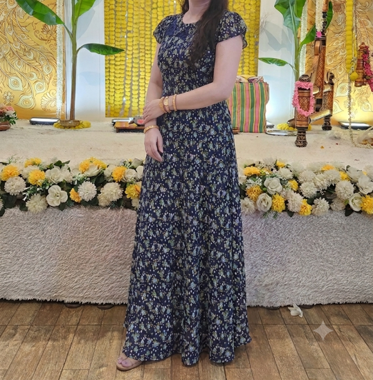 Picture of Elegant Navy Floral A-Line Stretchable Maxi Dress