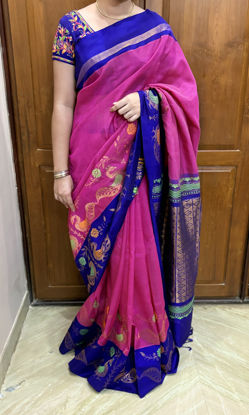 Picture of Pink & royal blue uppada pattu saree with maggam work blouse