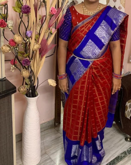 Picture of Red checkered saree with pattern blouse