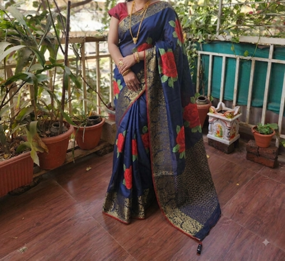 Picture of Floral Rose Navy Blue Silk Saree with Golden Zari Border