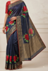 Picture of Floral Rose Navy Blue Silk Saree with Golden Zari Border