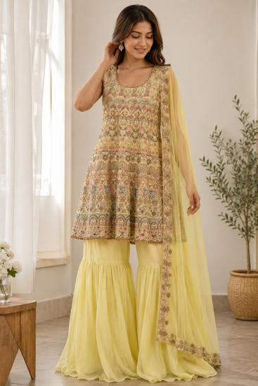 Picture of Lemon yellow embroided sharara set