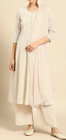 Picture of Off White Embroidered panelled A-line anarkali shape Kurta, Palazzos and Dupatta