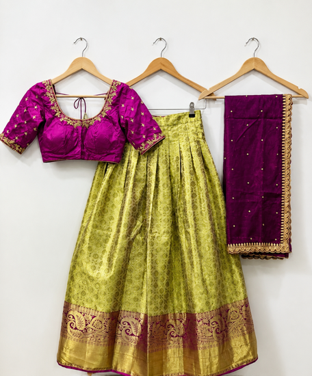 Picture of Wine Purple Semi-Pattu Lehenga Set