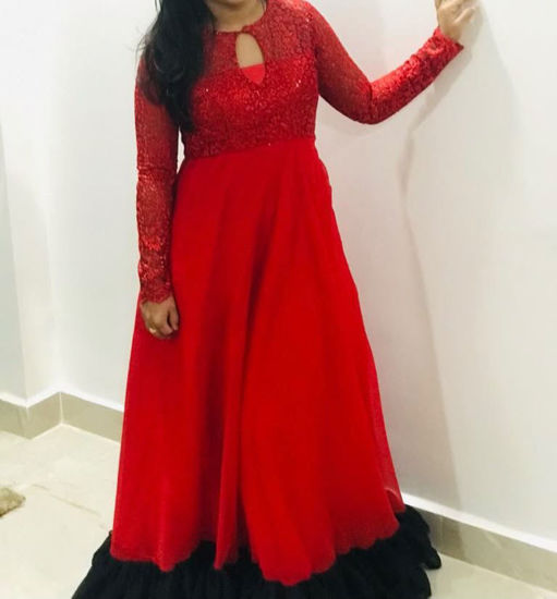 Picture of Red long frock with ruffle border