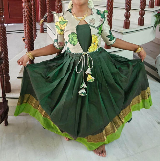 Picture of Silk cotton ethnic frock with kalamkari over coat 8-9y