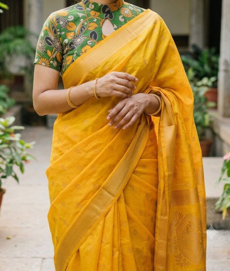 Picture of Yellow saree with kalamkari blouse