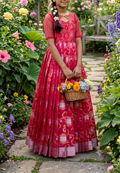Picture of Tomato red ethnic silk cotton full frock 11-12y