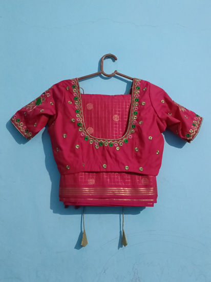 Picture of Pink hand Embroidered Silk Saree with Peacock &Floral work