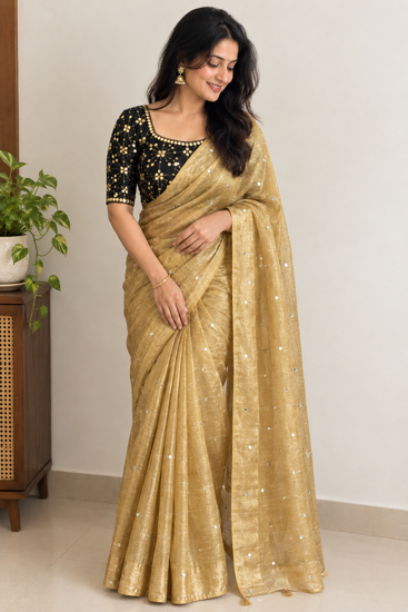 Picture of Gold mirror work tissue saree