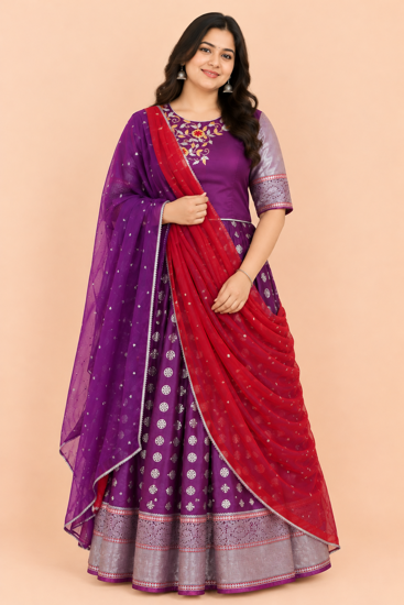 Picture of Royal Plum Zari Half Saree