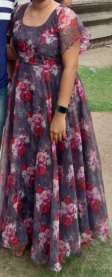 Picture of Dusty Grey & Rose Floral Organza Flared Long Dress by Lotus Couture