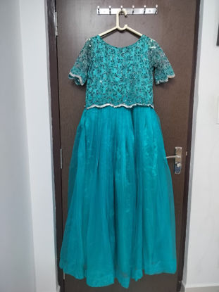 Picture of Teal Net & Mirror Work Lehenga Gown Set - Custom Boutique Stitched