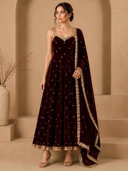Picture of Naina designer’s Velvet maroon anarkali gown with