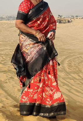 Picture of Vibrant Red floral bird print soft silk saree